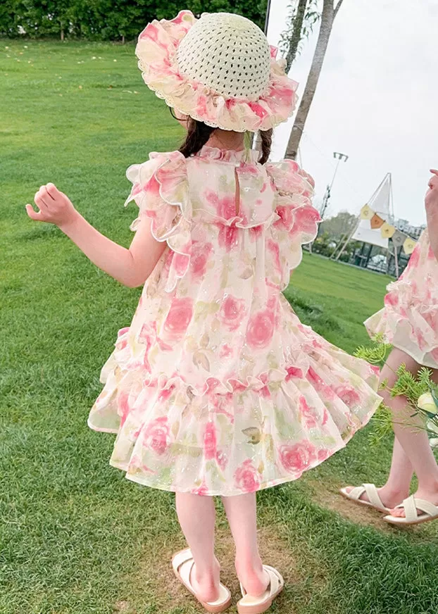 Cute Apricot Stand Collar Print Tulle Girls Mid Dress Summer XZ047