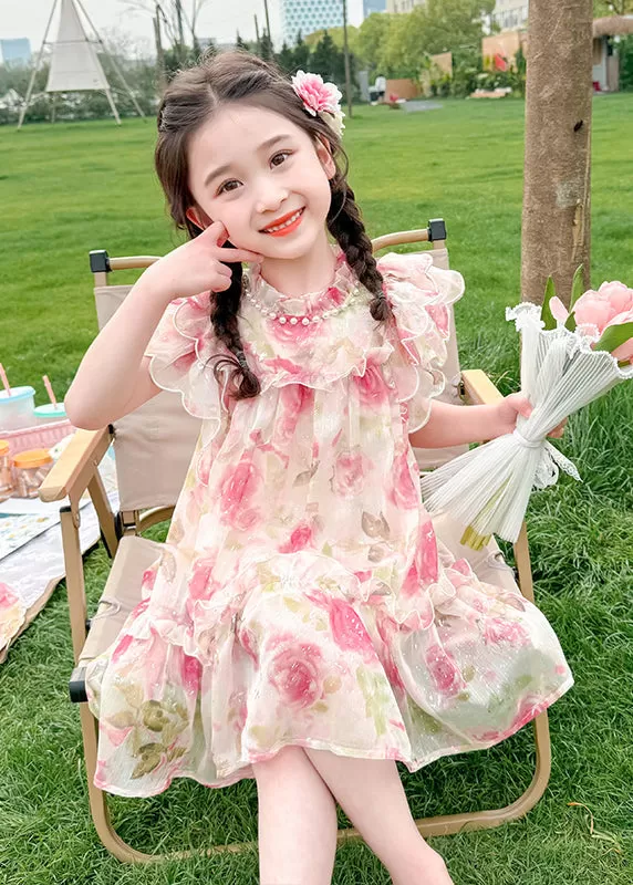 Cute Apricot Stand Collar Print Tulle Girls Mid Dress Summer XZ047