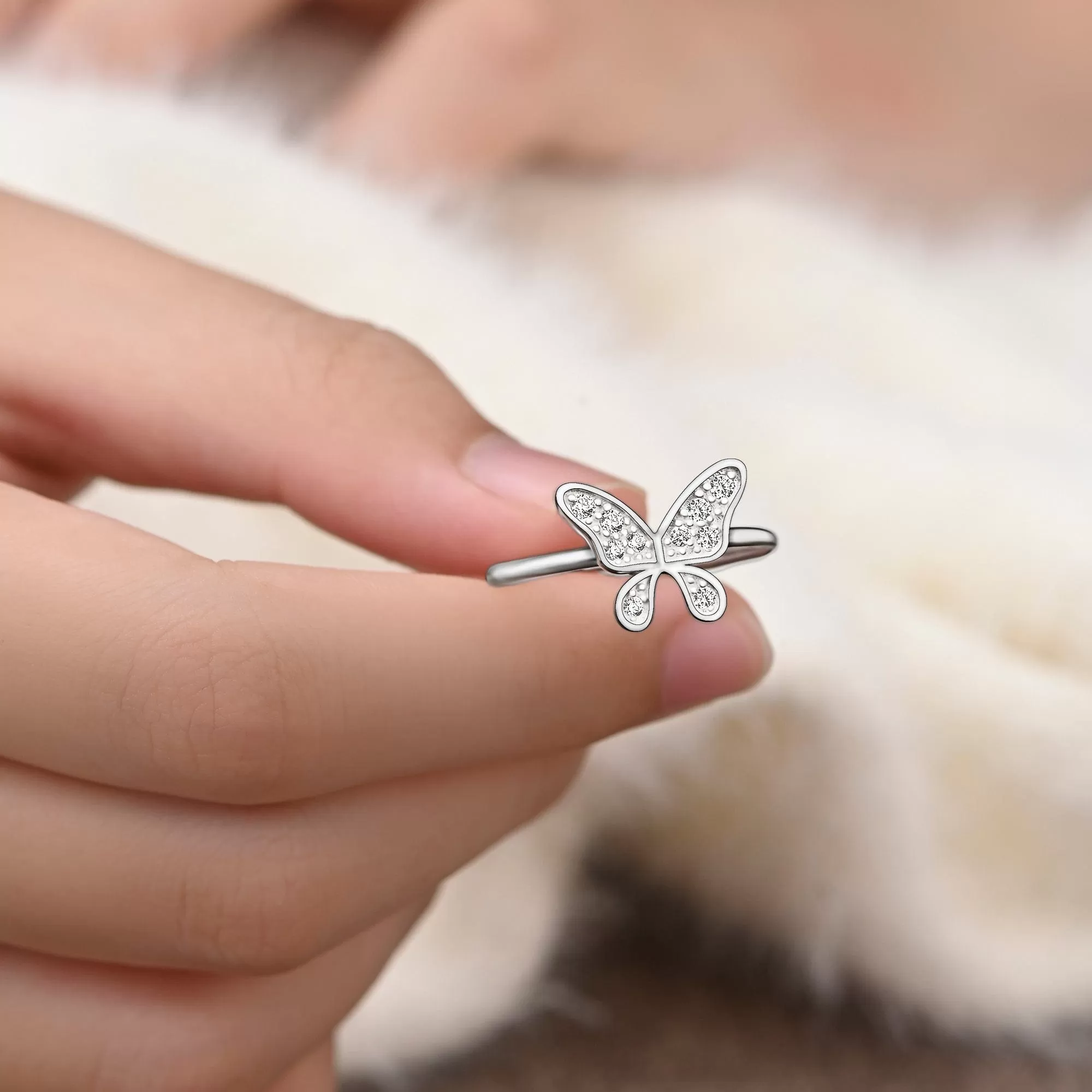 Dazzling CZ Butterfly Sterling Silver Ring Adjustable