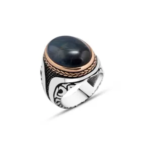 Domic Ellipse Blue Tiger Eye Stone Silver Men's Ring with Braid Style Around