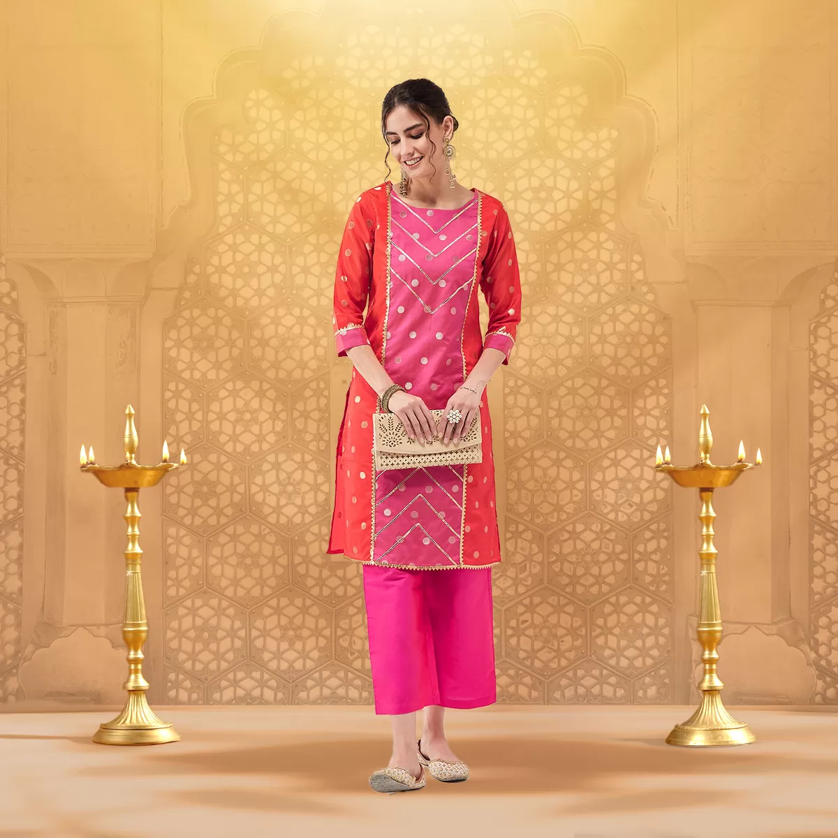 Festive Polka Bright Lace Detailed Straight Kurta