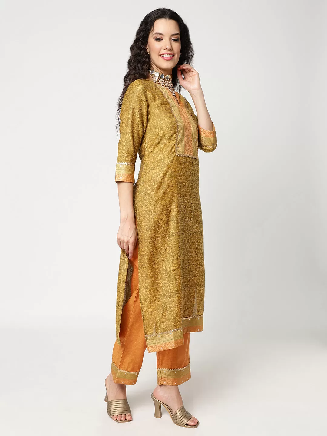 Festive Yoke Kurta With Straight Pant And Matching Dupatta Set