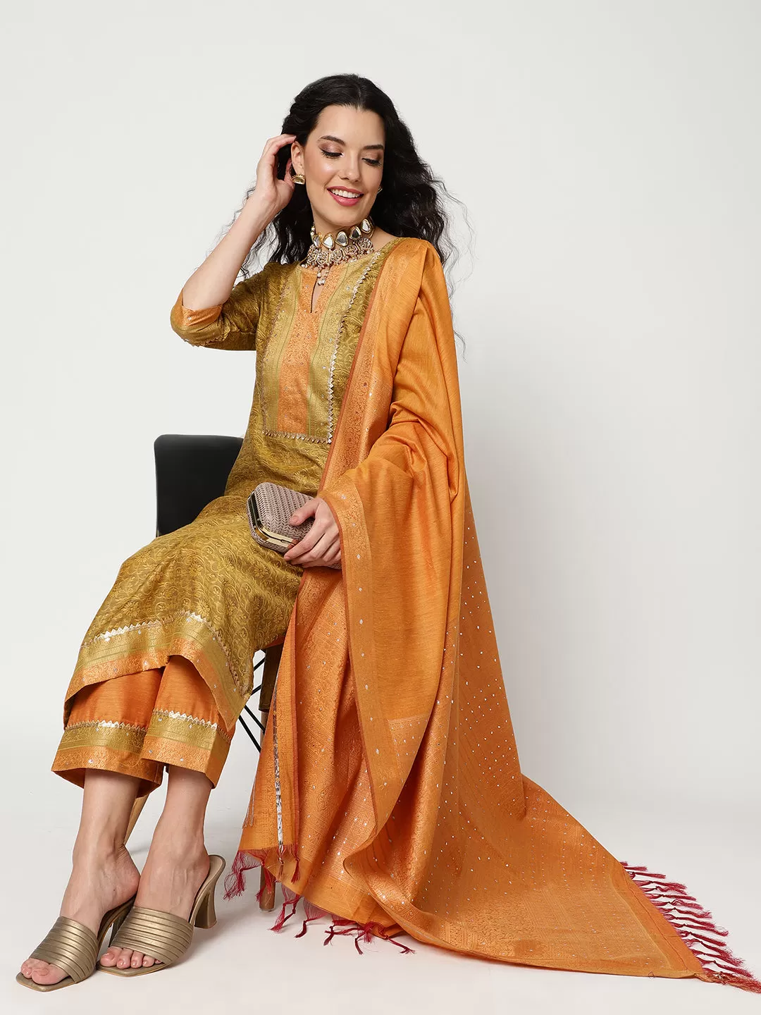 Festive Yoke Kurta With Straight Pant And Matching Dupatta Set