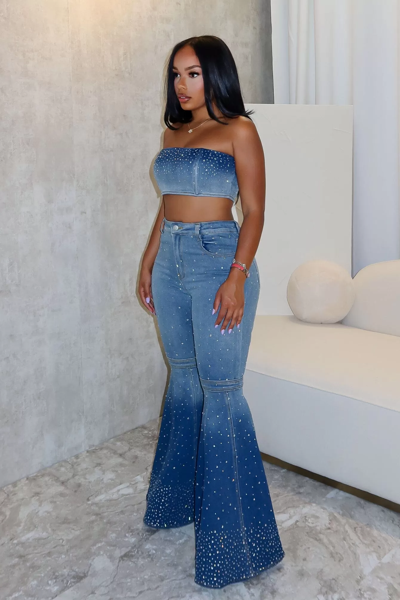 Full Of Stars Rhinestone Denim Tube Top & Pants SET