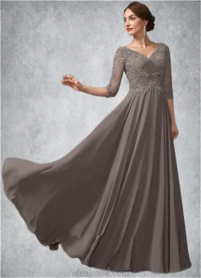 Gabriella A-Line V-neck Floor-Length Chiffon Lace Mother of the Bride Dress With Beading Sequins STK126P0014876