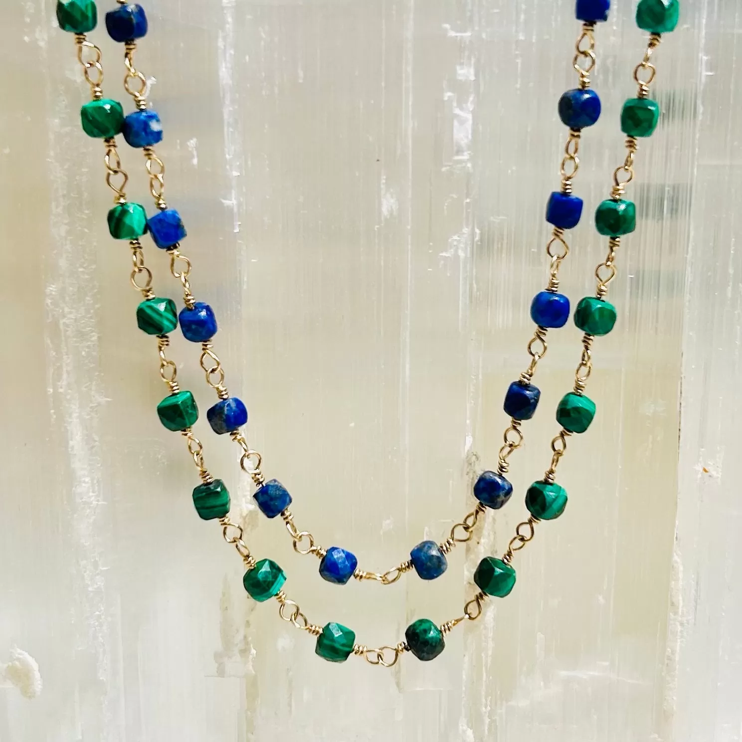 Gemstone Rosary Necklace ~ Malachite Cubes