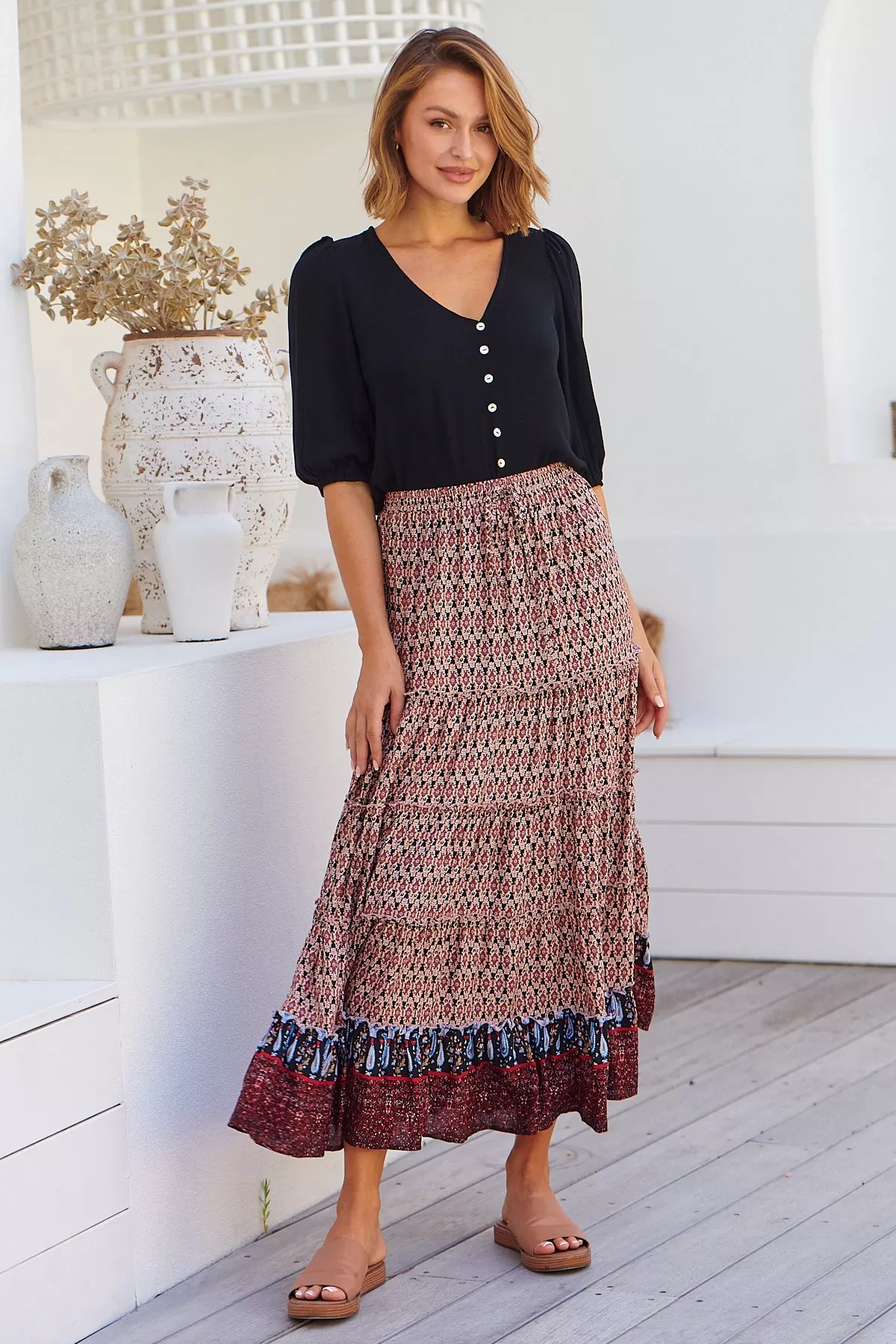 Gianni Red/Black Boho Print Maxi Skirt