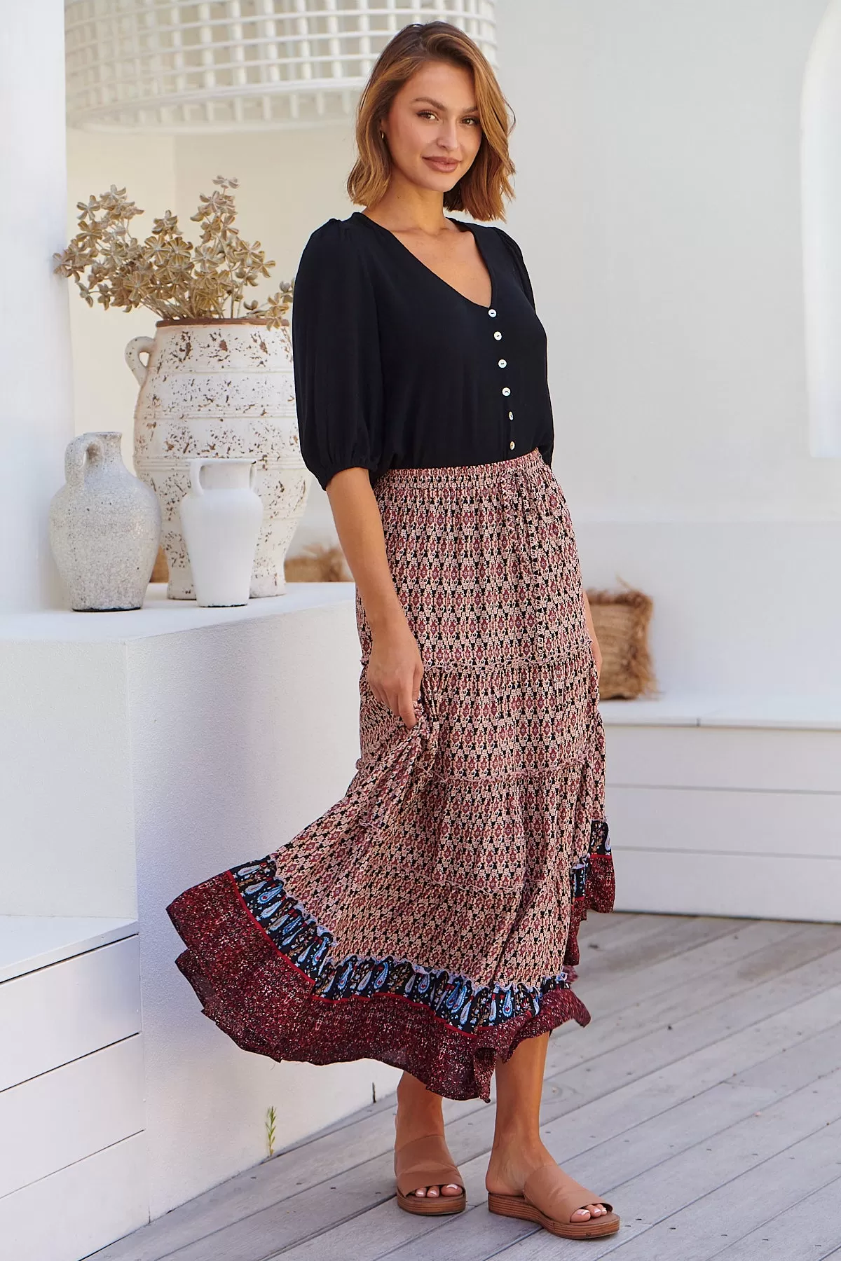 Gianni Red/Black Boho Print Maxi Skirt