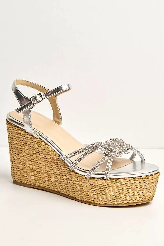 Gigi Diamante Embellished Band Ankle Strap Wedges in Silver