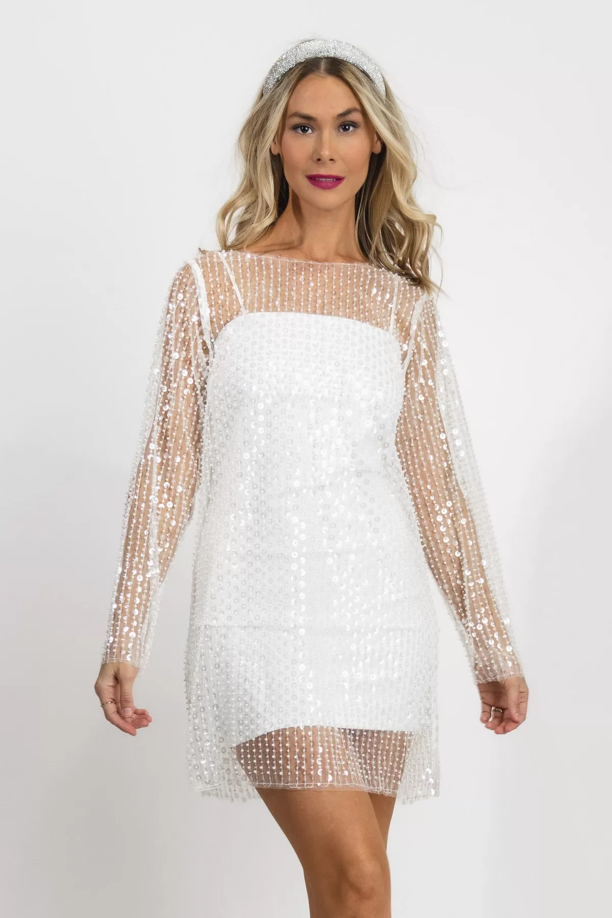 Gleaming Gala White Sequin Overlay Dress - Final Sale