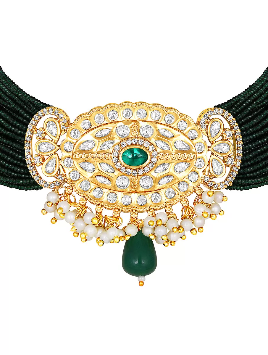 Gold Plated Kundan Necklace with Agate and Pearls