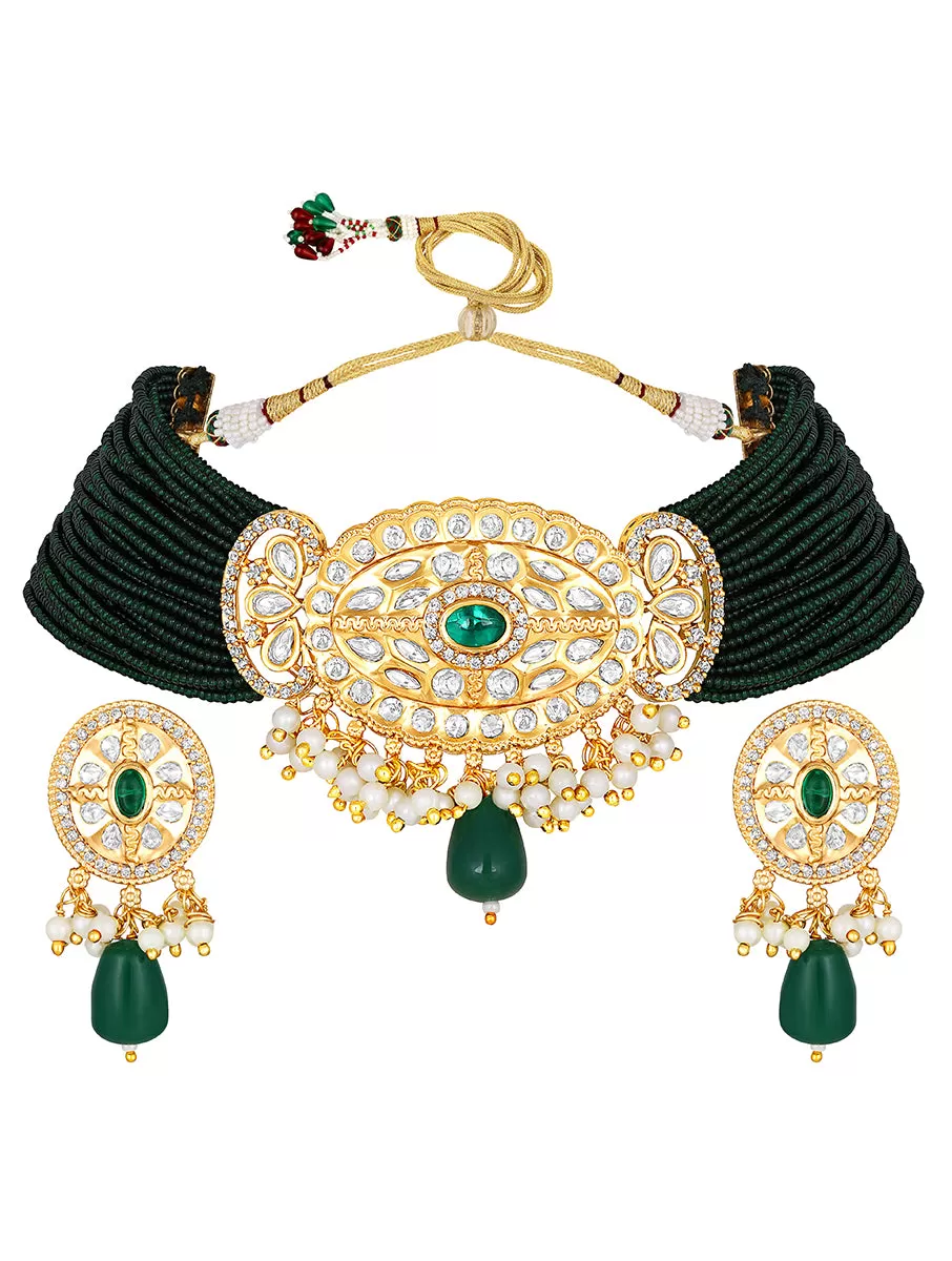 Gold Plated Kundan Necklace with Agate and Pearls