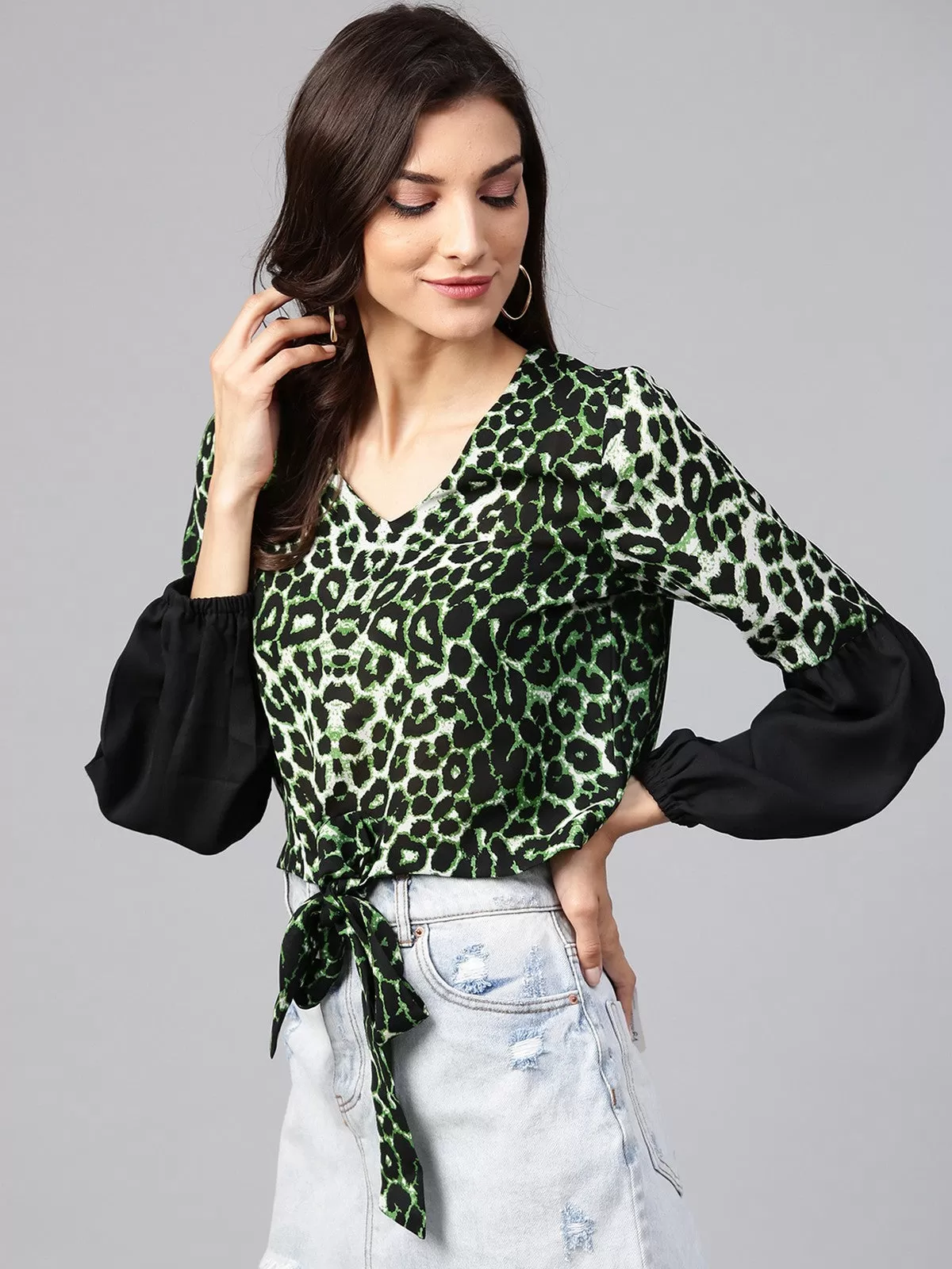 Green Animal Print Crop Top