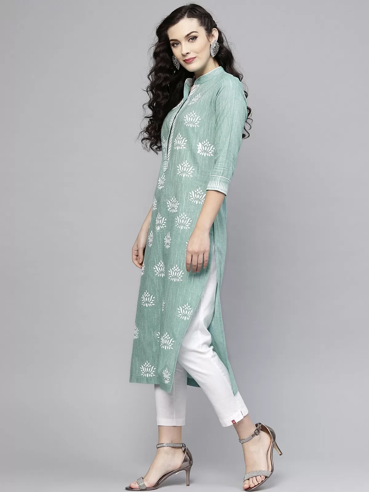 Green Lotus Printed Chambray Kurta