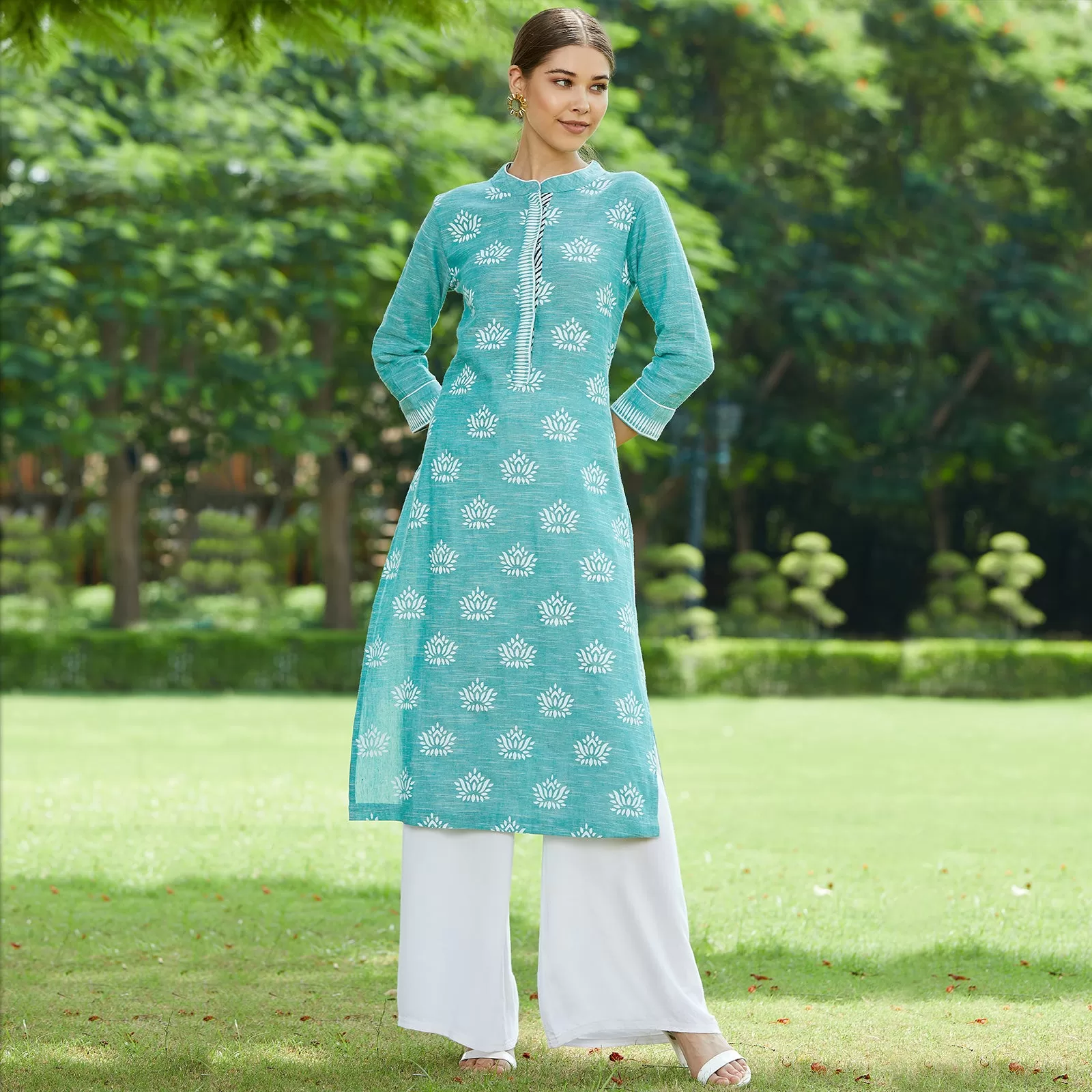 Green Lotus Printed Chambray Kurta