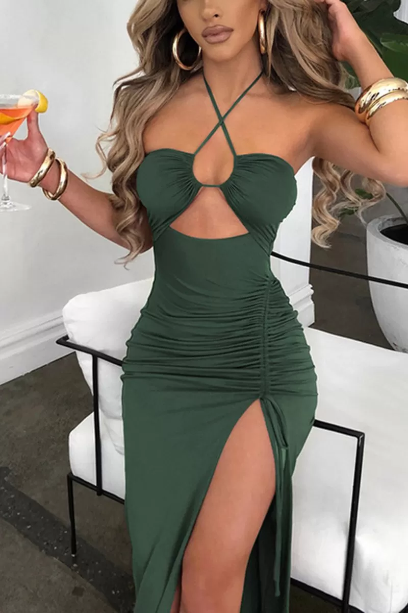 Halter Cutout Drawstring Slit Maxi Bodycon Dress