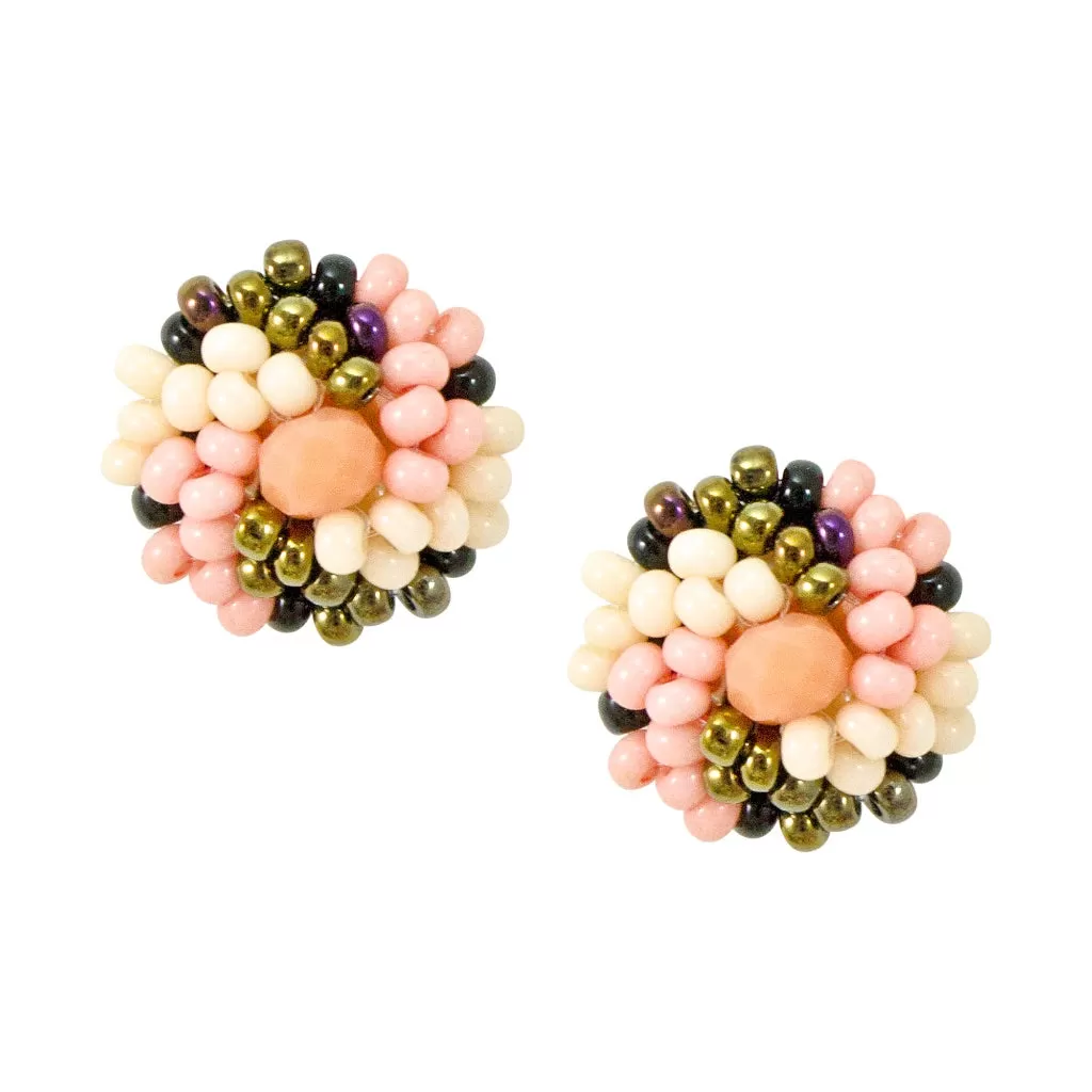 Hand Beaded Post Earrings - Pink, Bronze, Cream