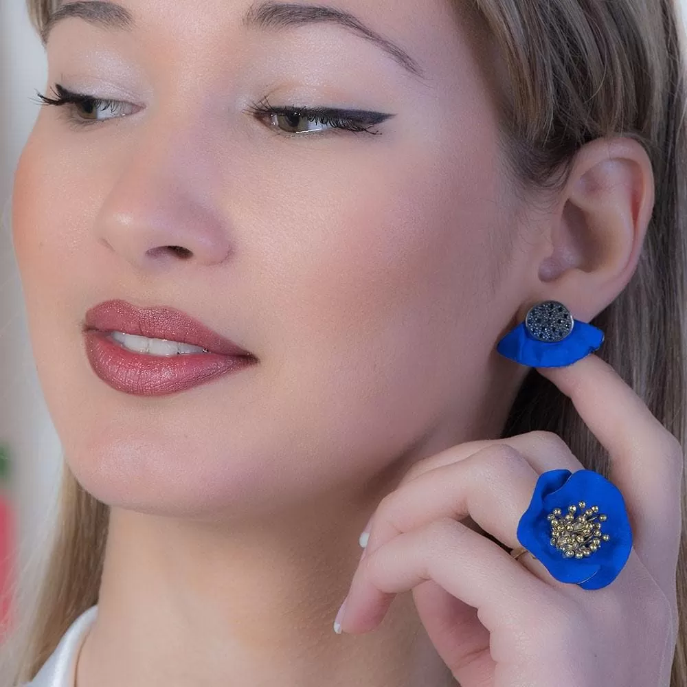 Handmade Gold Plated Silver Royal Blue Stud Earrings With Black Zirconia