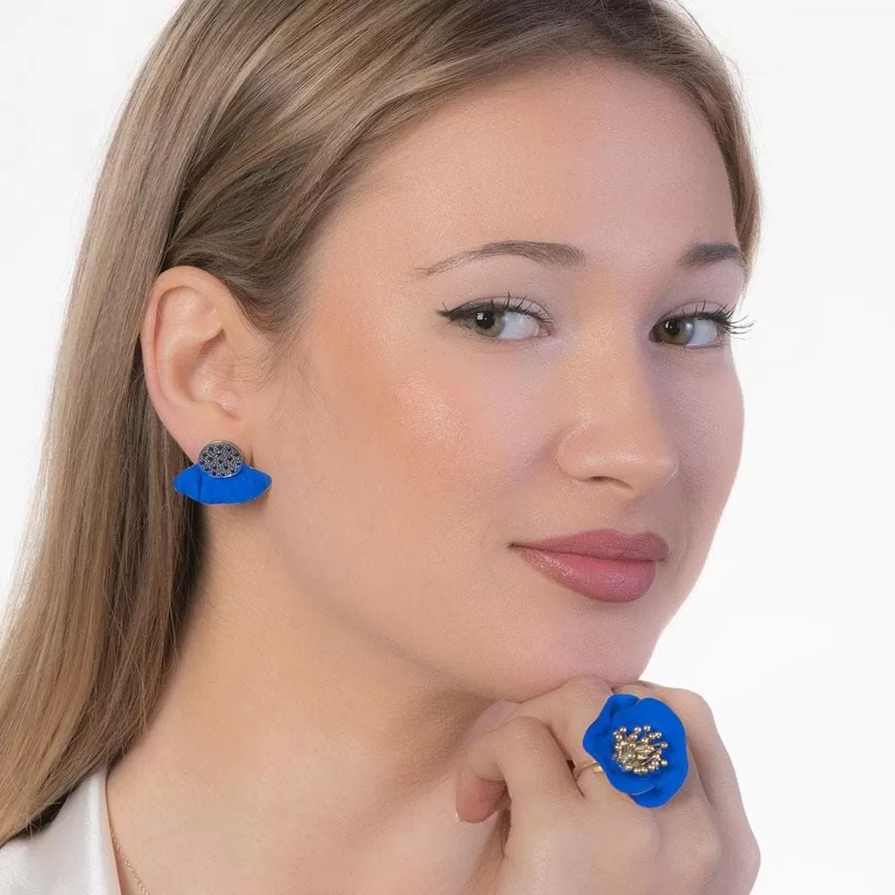 Handmade Gold Plated Silver Royal Blue Stud Earrings With Black Zirconia