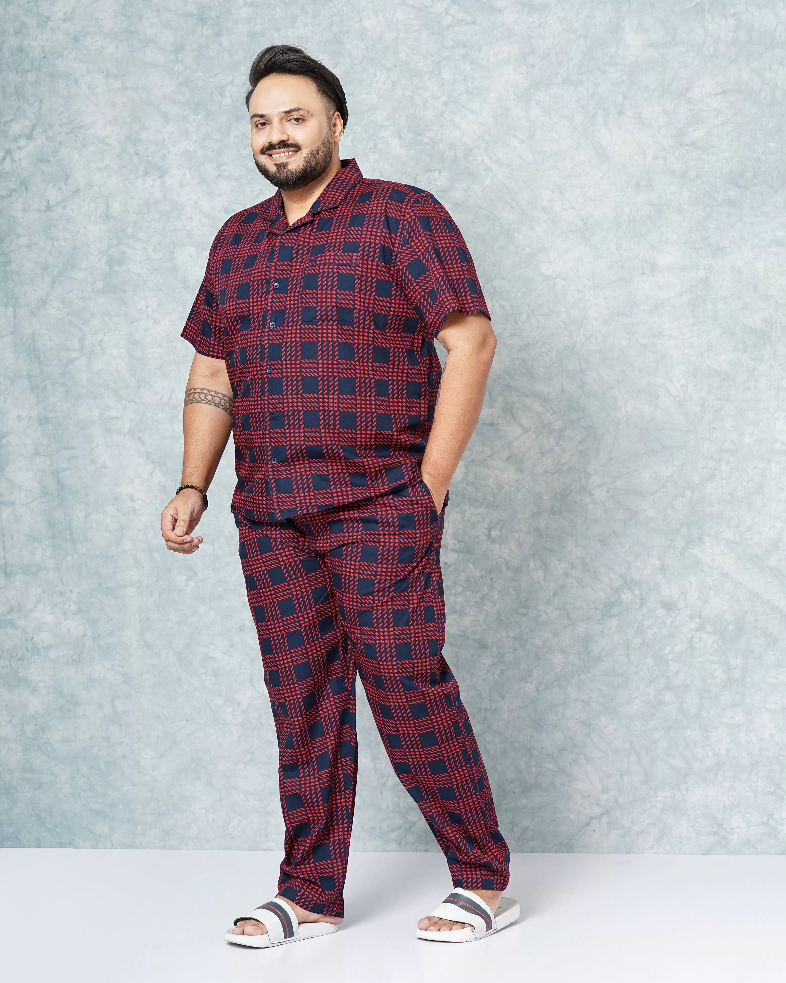 Hardsoda Men Red Plus Size Checked Lounge Set