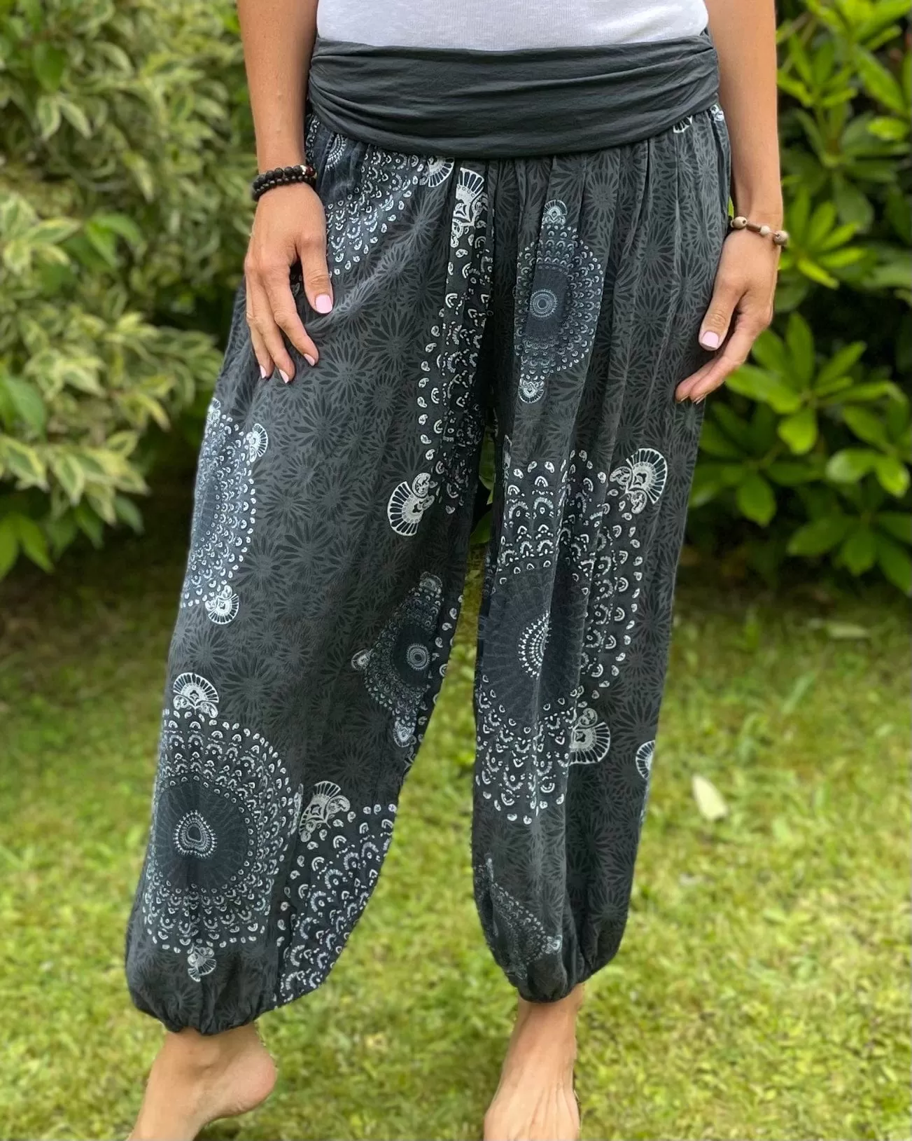 Harem Trousers - Dark Grey Mandala Print