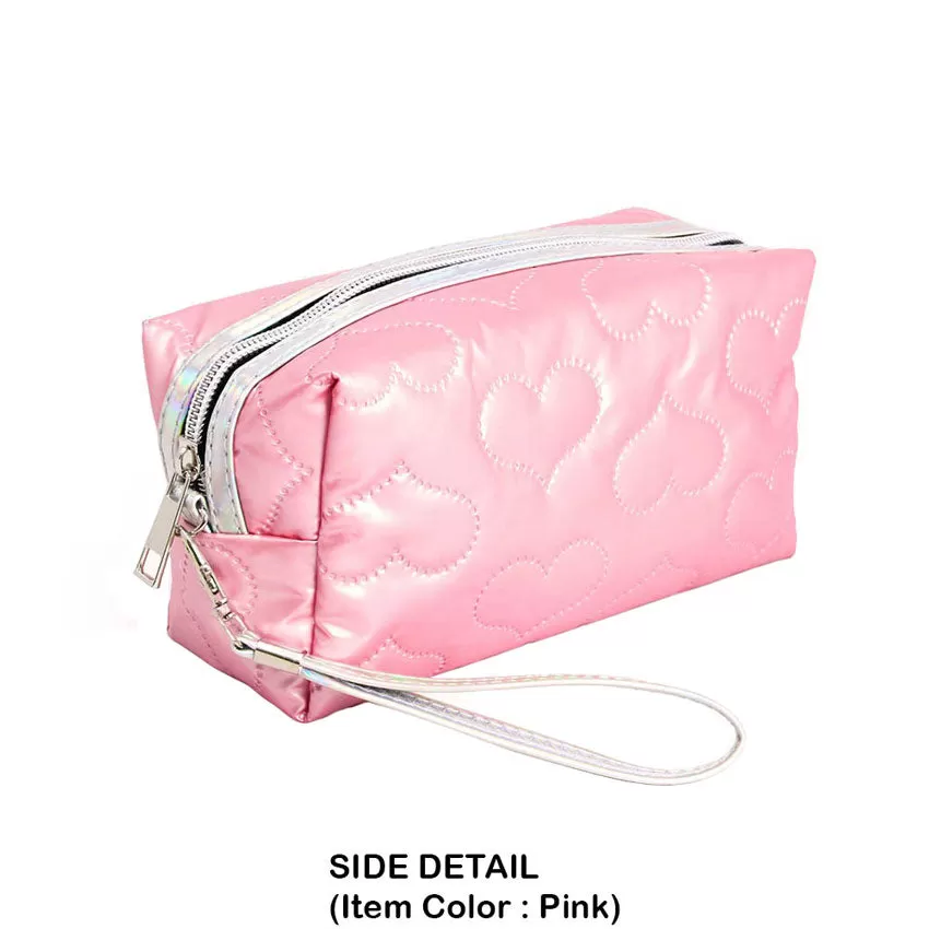 Heart Patterned Shiny Puffer Pouch Bag