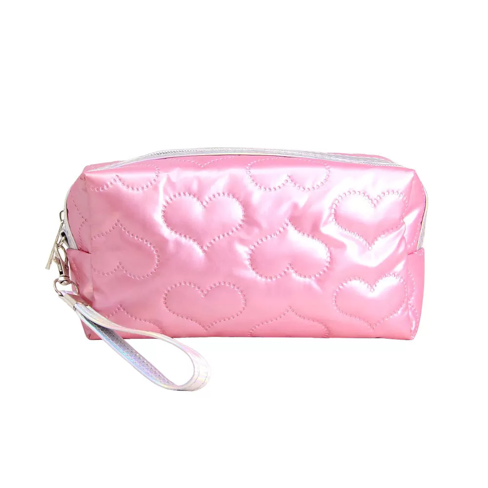 Heart Patterned Shiny Puffer Pouch Bag