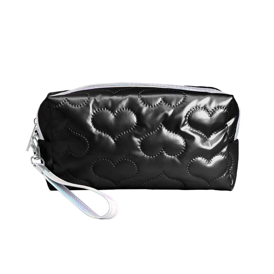 Heart Patterned Shiny Puffer Pouch Bag