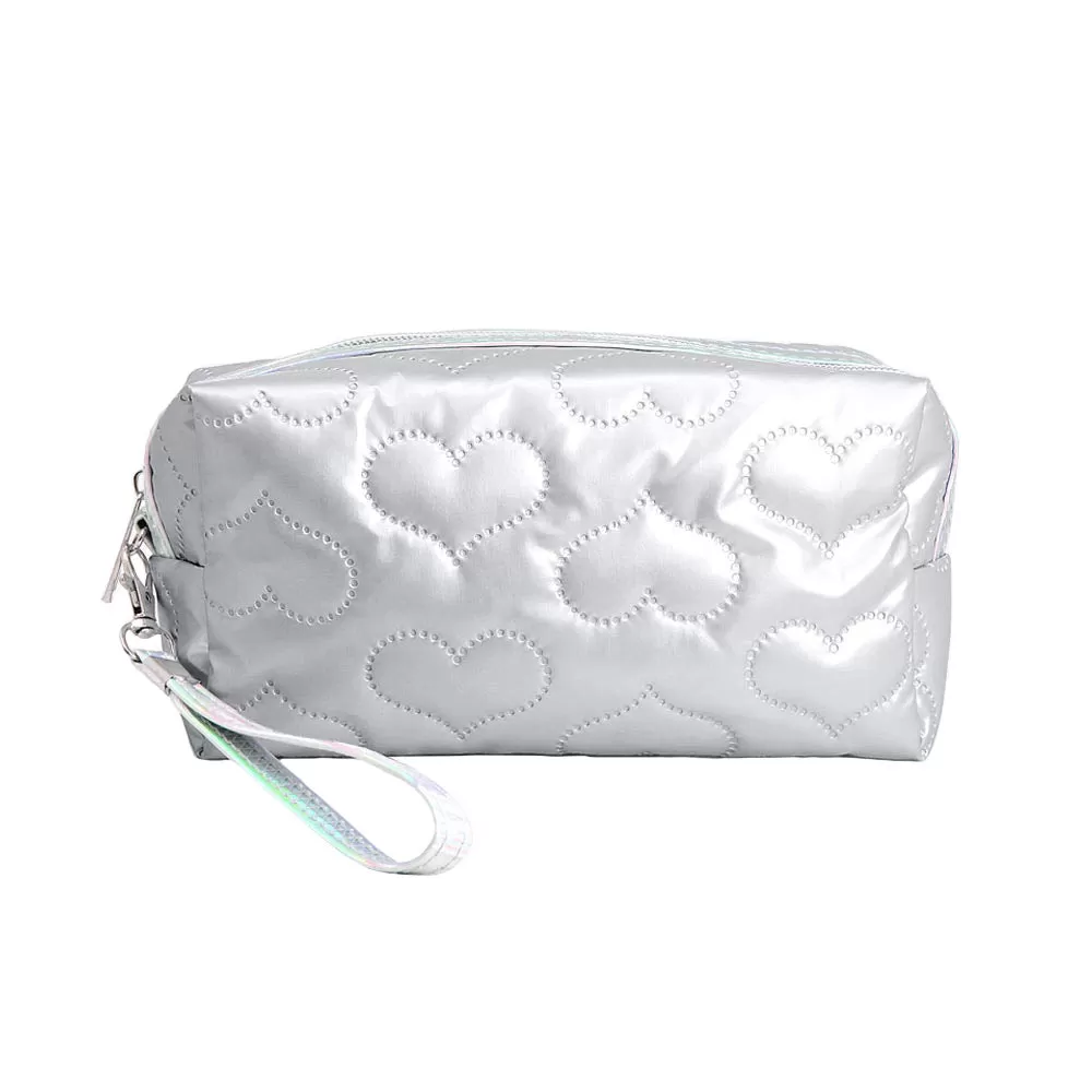 Heart Patterned Shiny Puffer Pouch Bag