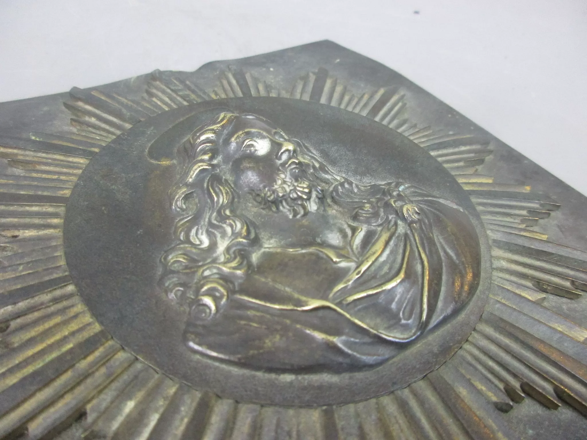 Heavy Brass French Religious Jesus Sunburst Style Icon Plaque Antique C1870