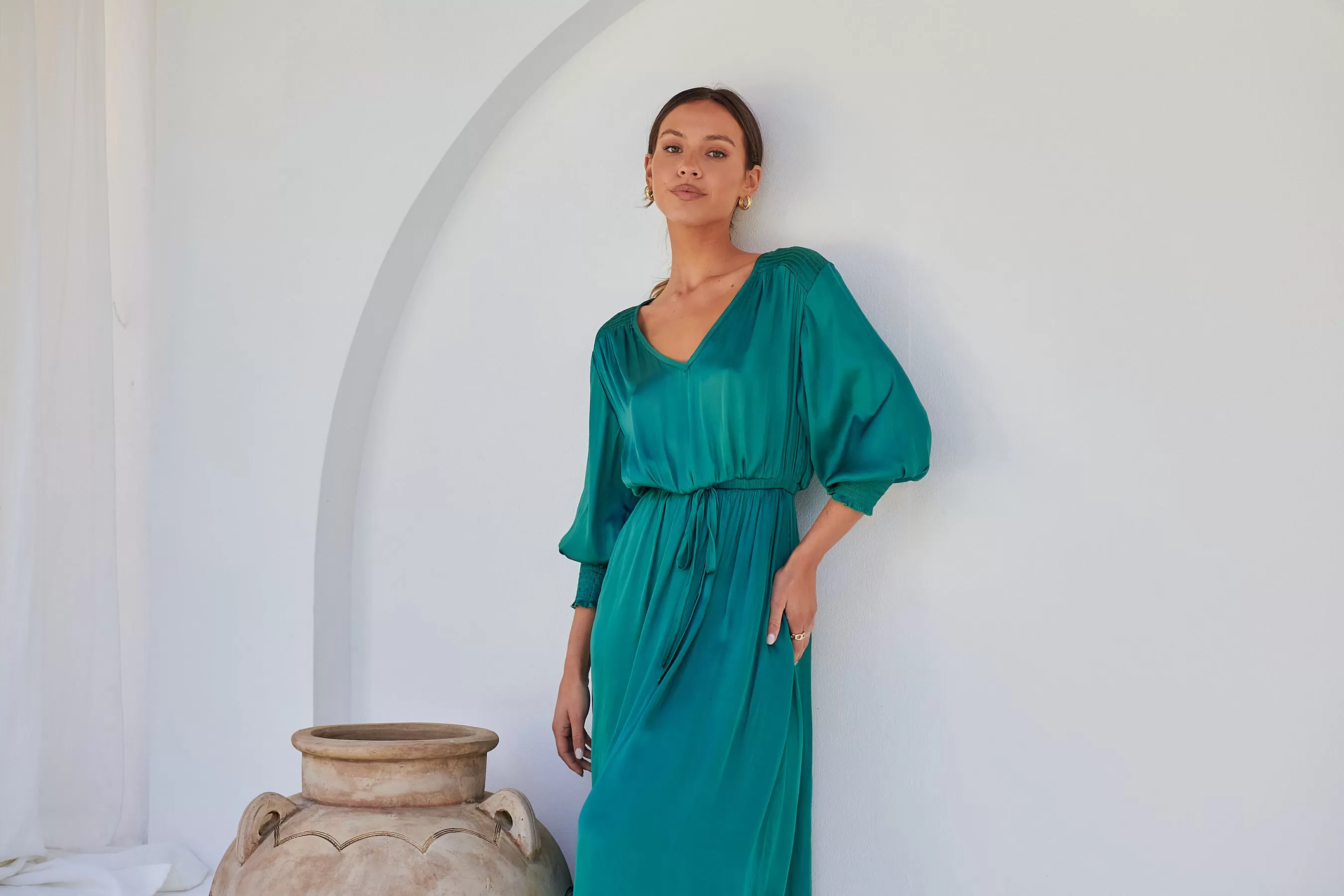 Jordan L/Sleeve Emerald Satin Dress