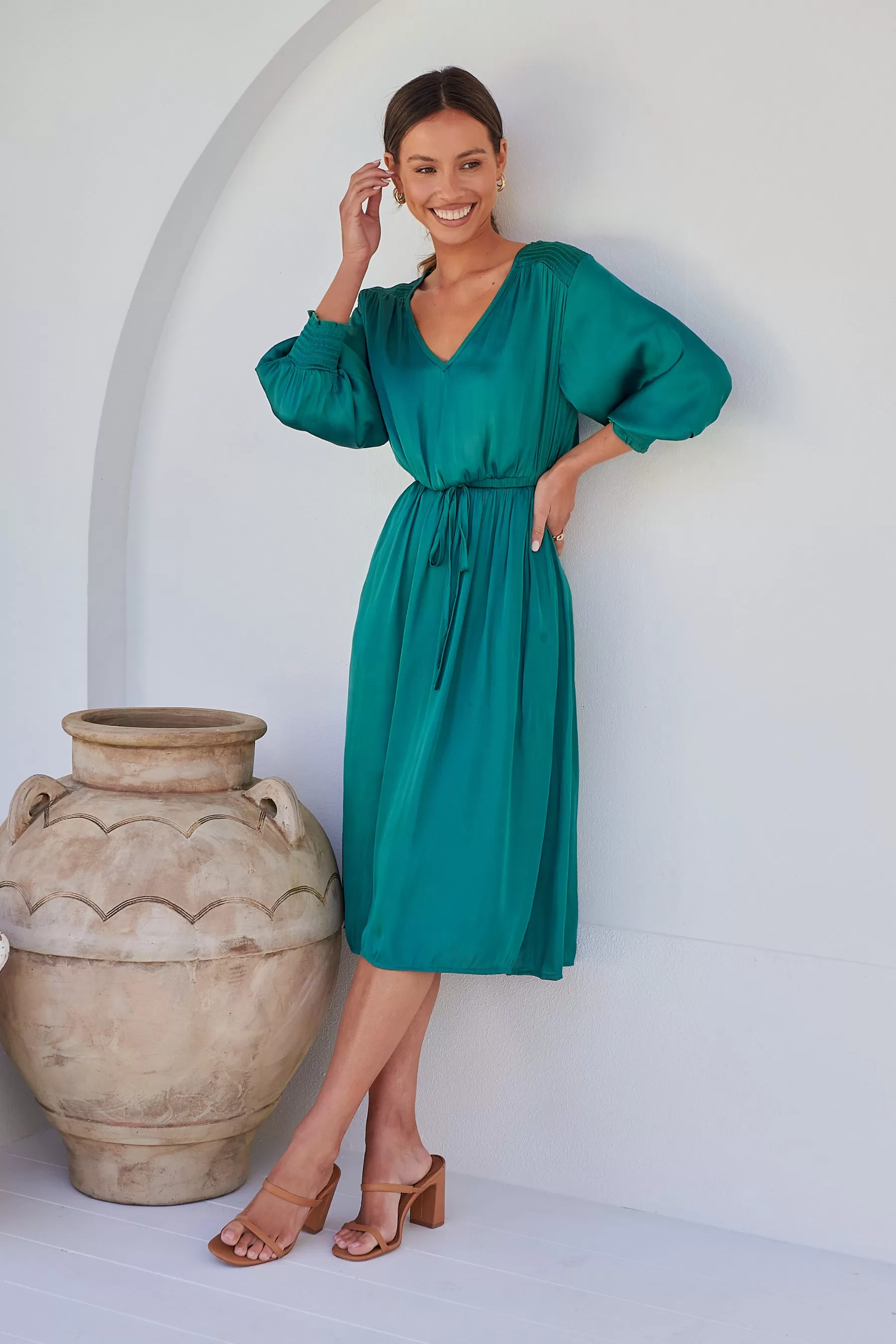 Jordan L/Sleeve Emerald Satin Dress