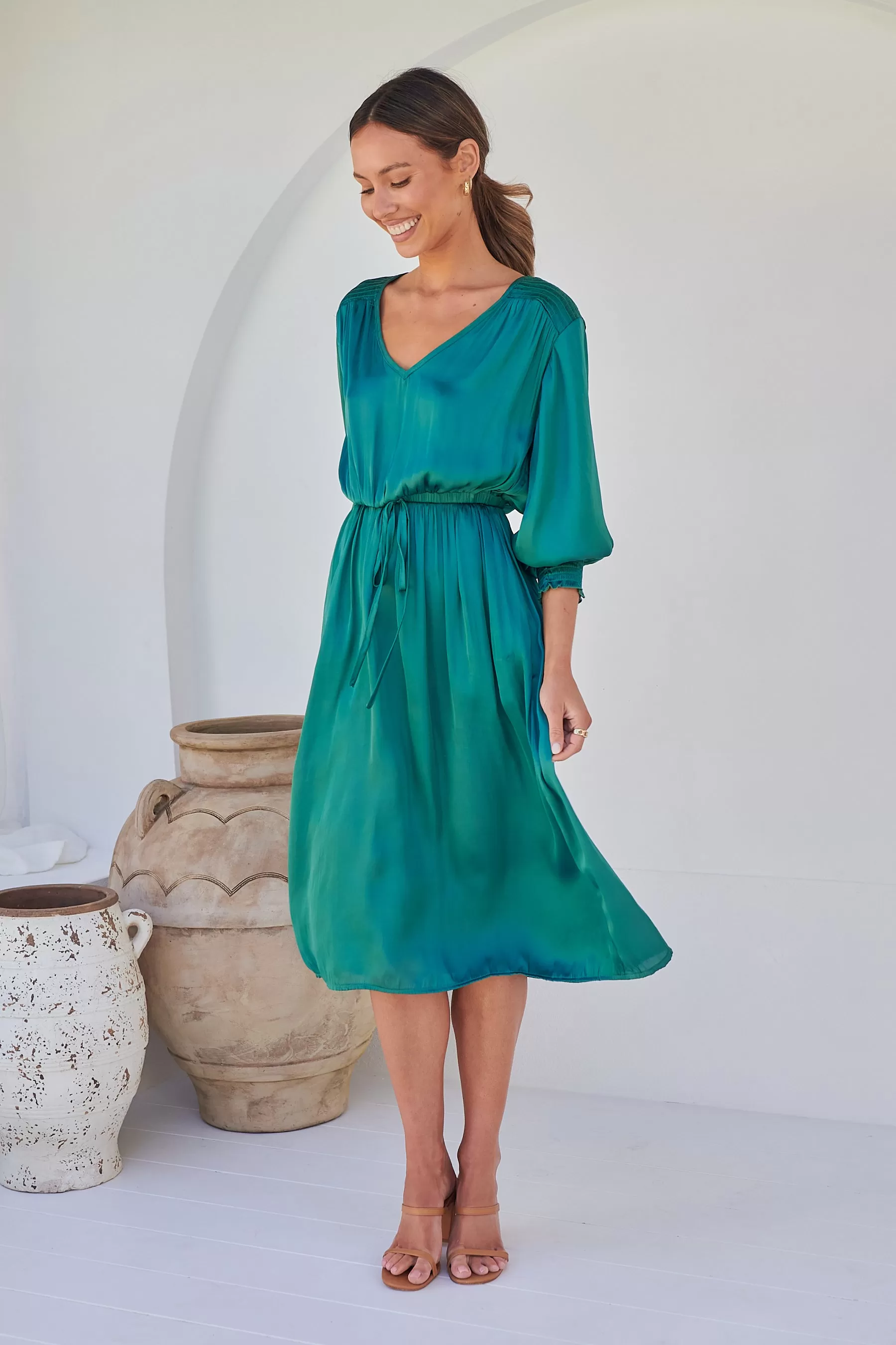 Jordan L/Sleeve Emerald Satin Dress