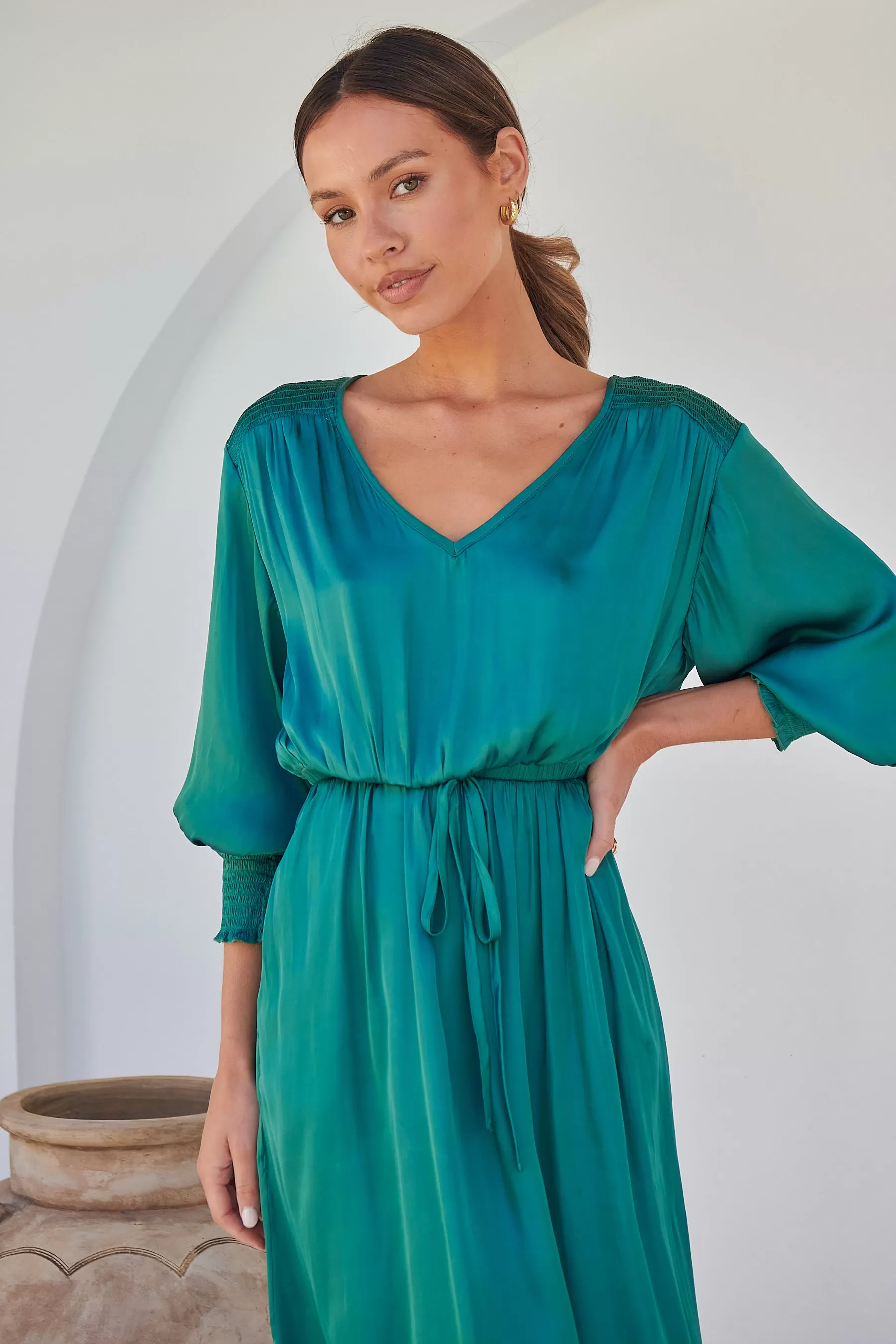 Jordan L/Sleeve Emerald Satin Dress