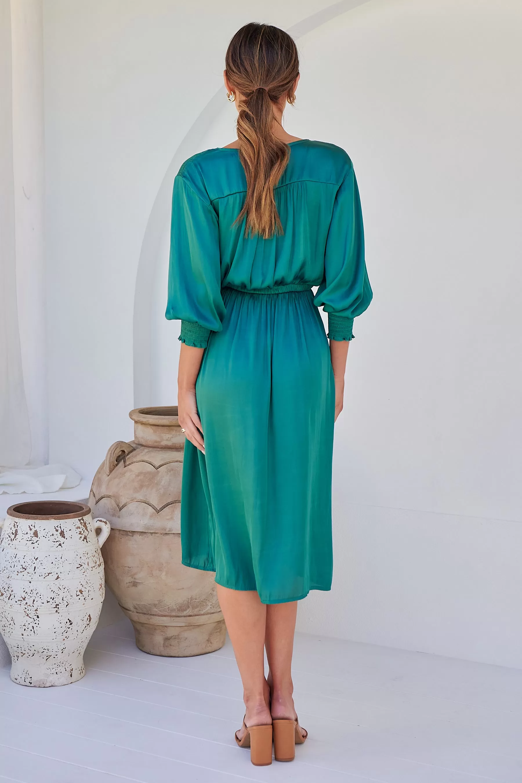 Jordan L/Sleeve Emerald Satin Dress