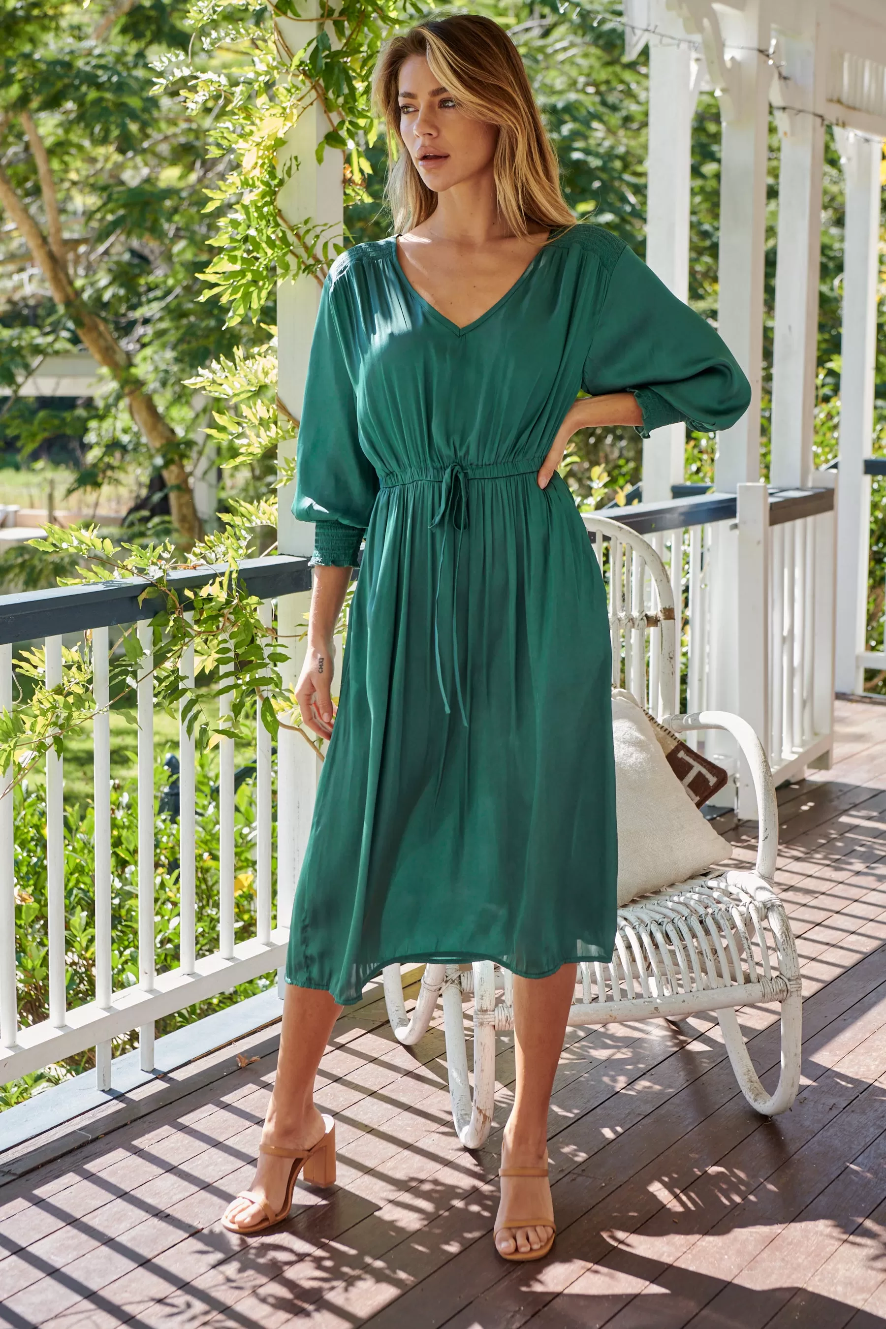 Jordan L/Sleeve Emerald Satin Dress