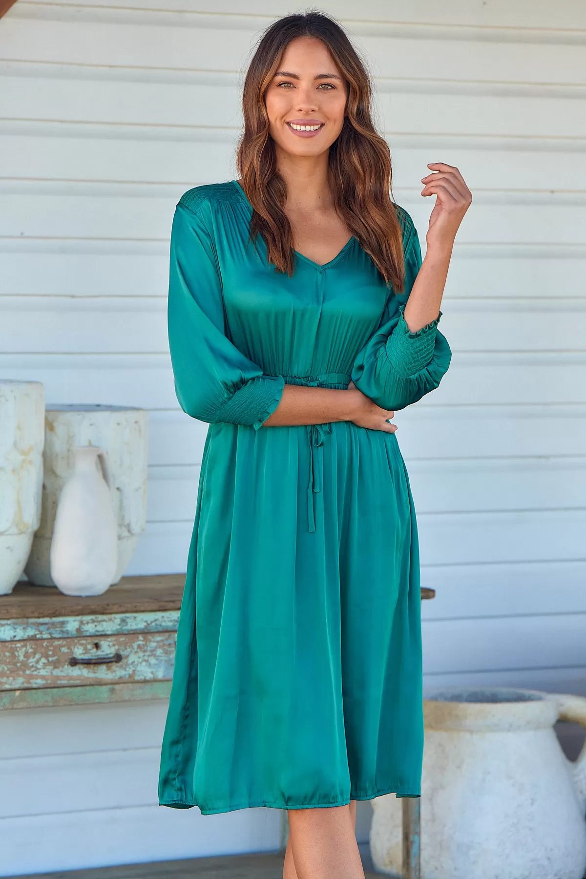 Jordan L/Sleeve Emerald Satin Dress