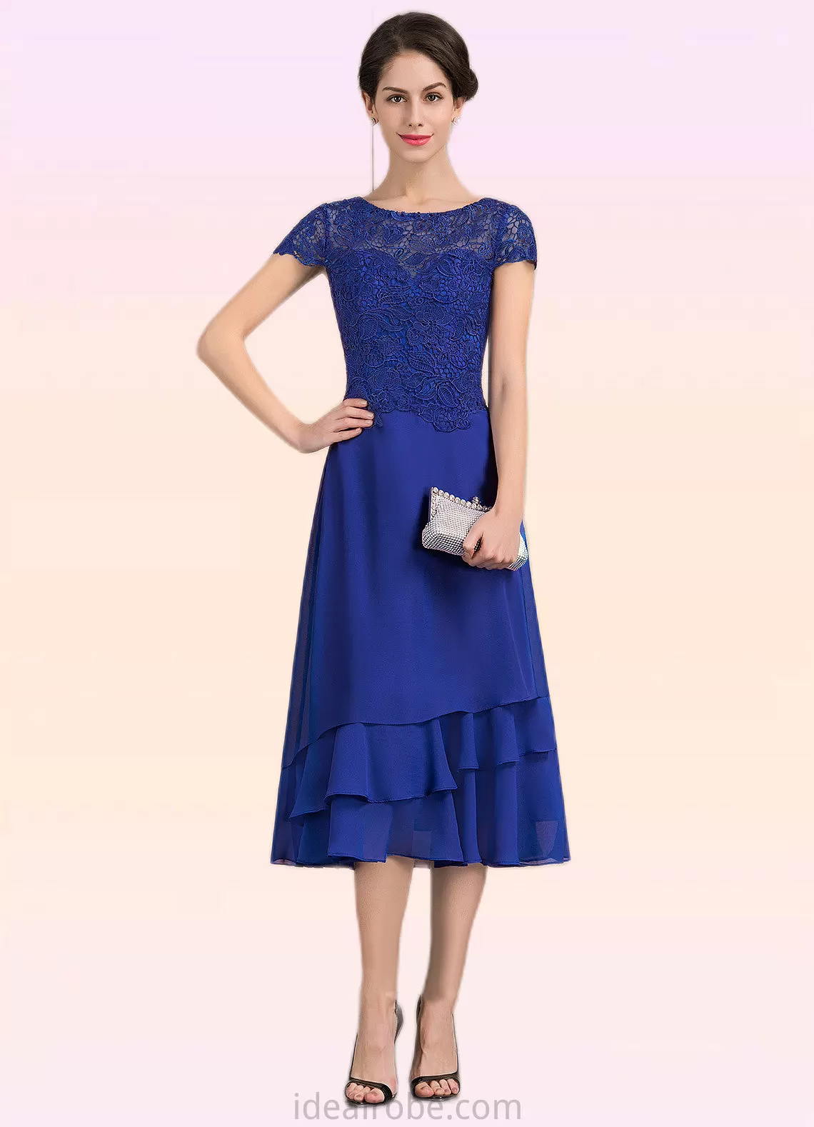 Joslyn A-Line Scoop Neck Tea-Length Chiffon Lace Mother of the Bride Dress STK126P0014685