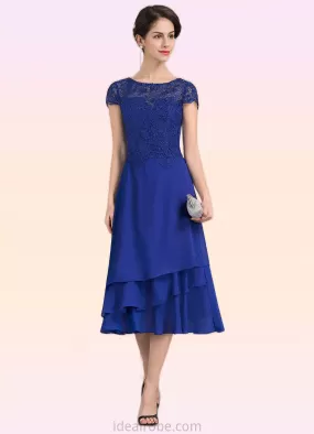 Joslyn A-Line Scoop Neck Tea-Length Chiffon Lace Mother of the Bride Dress STK126P0014685