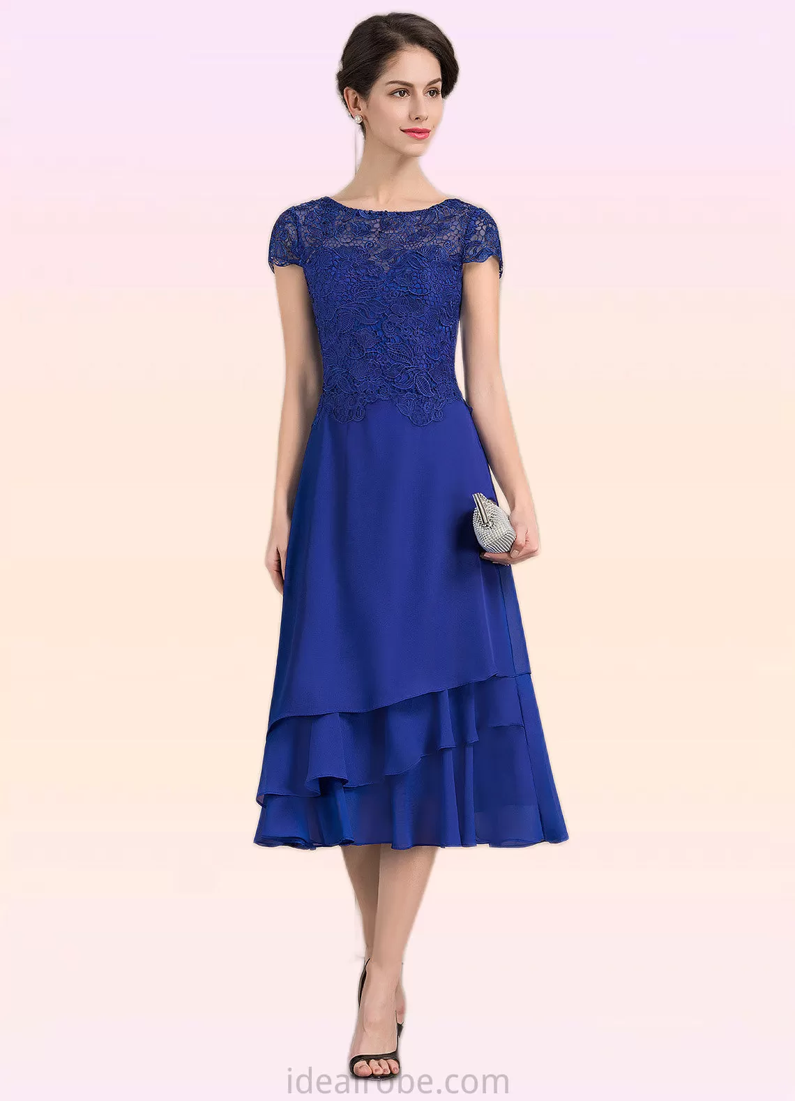 Joslyn A-Line Scoop Neck Tea-Length Chiffon Lace Mother of the Bride Dress STK126P0014685