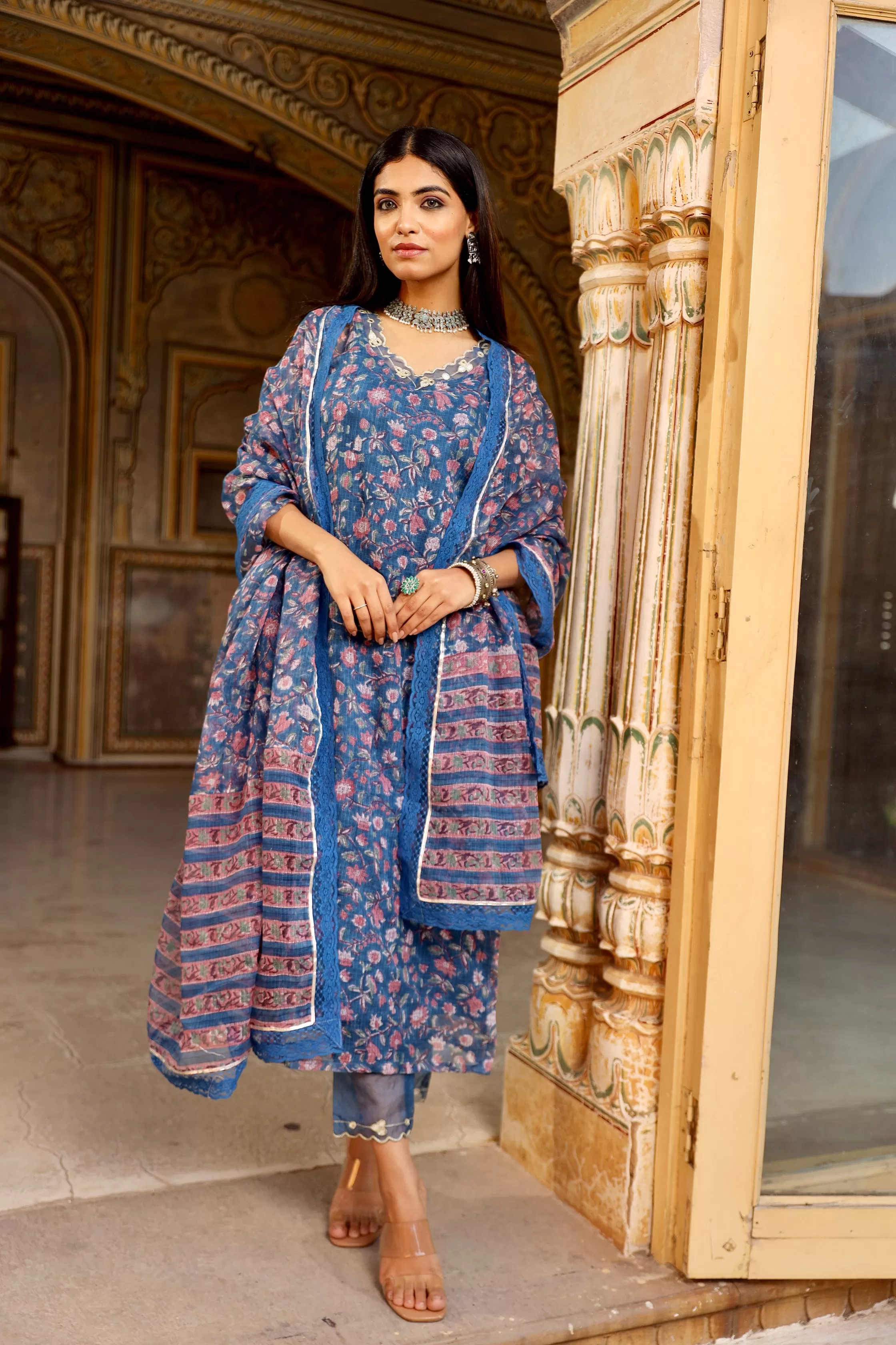 Kota Doriya blue handblock print kurta set