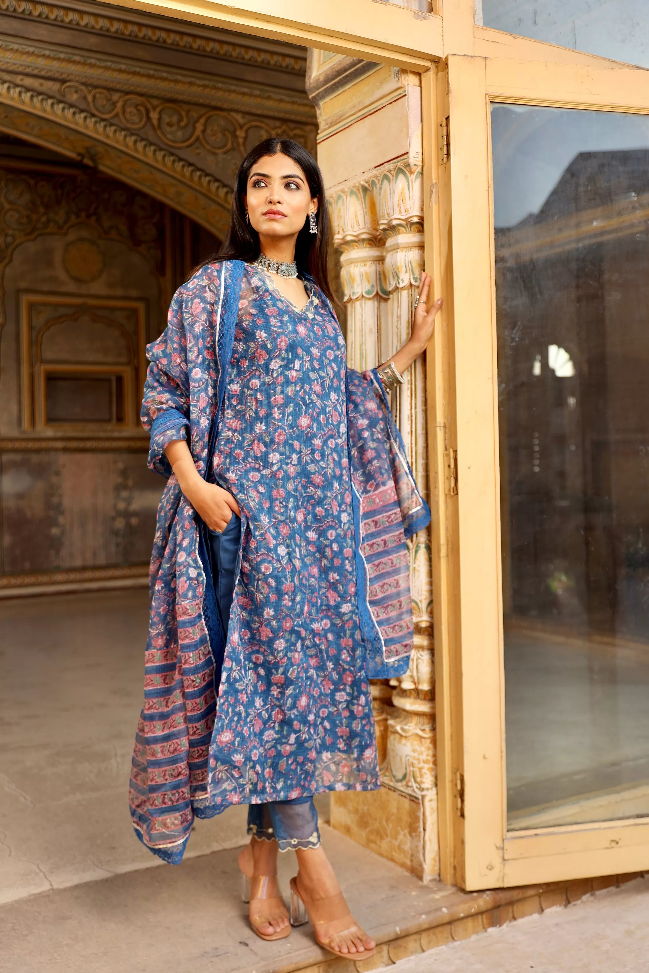 Kota Doriya blue handblock print kurta set