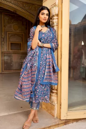 Kota Doriya blue handblock print kurta set