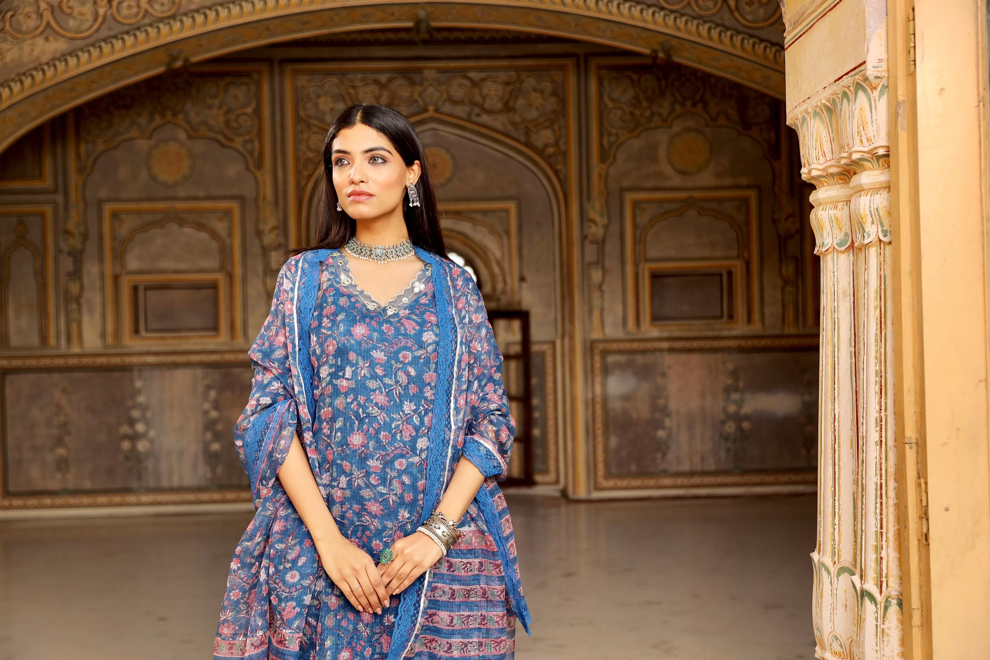 Kota Doriya blue handblock print kurta set