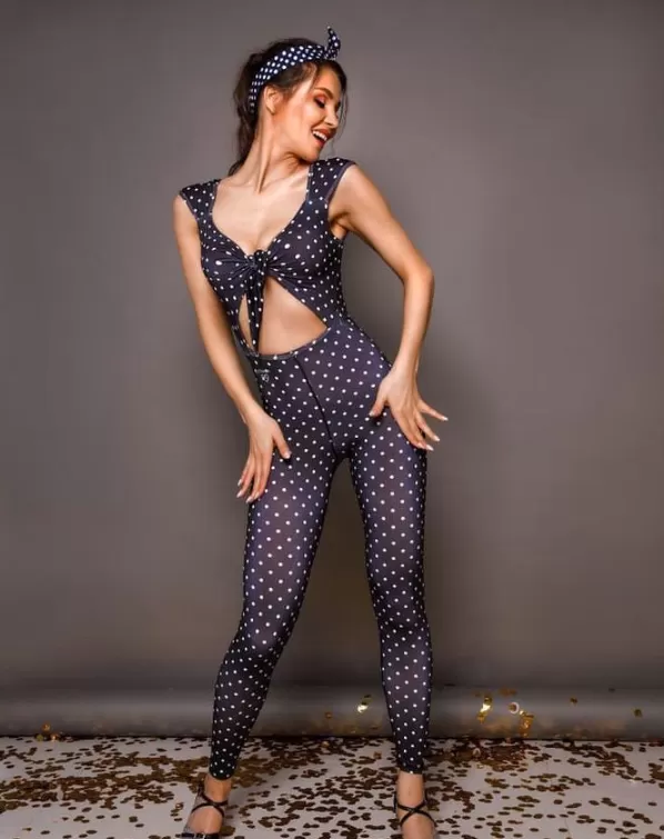 La Fitwear Jumpsuit Tie Up Polka Dots Black