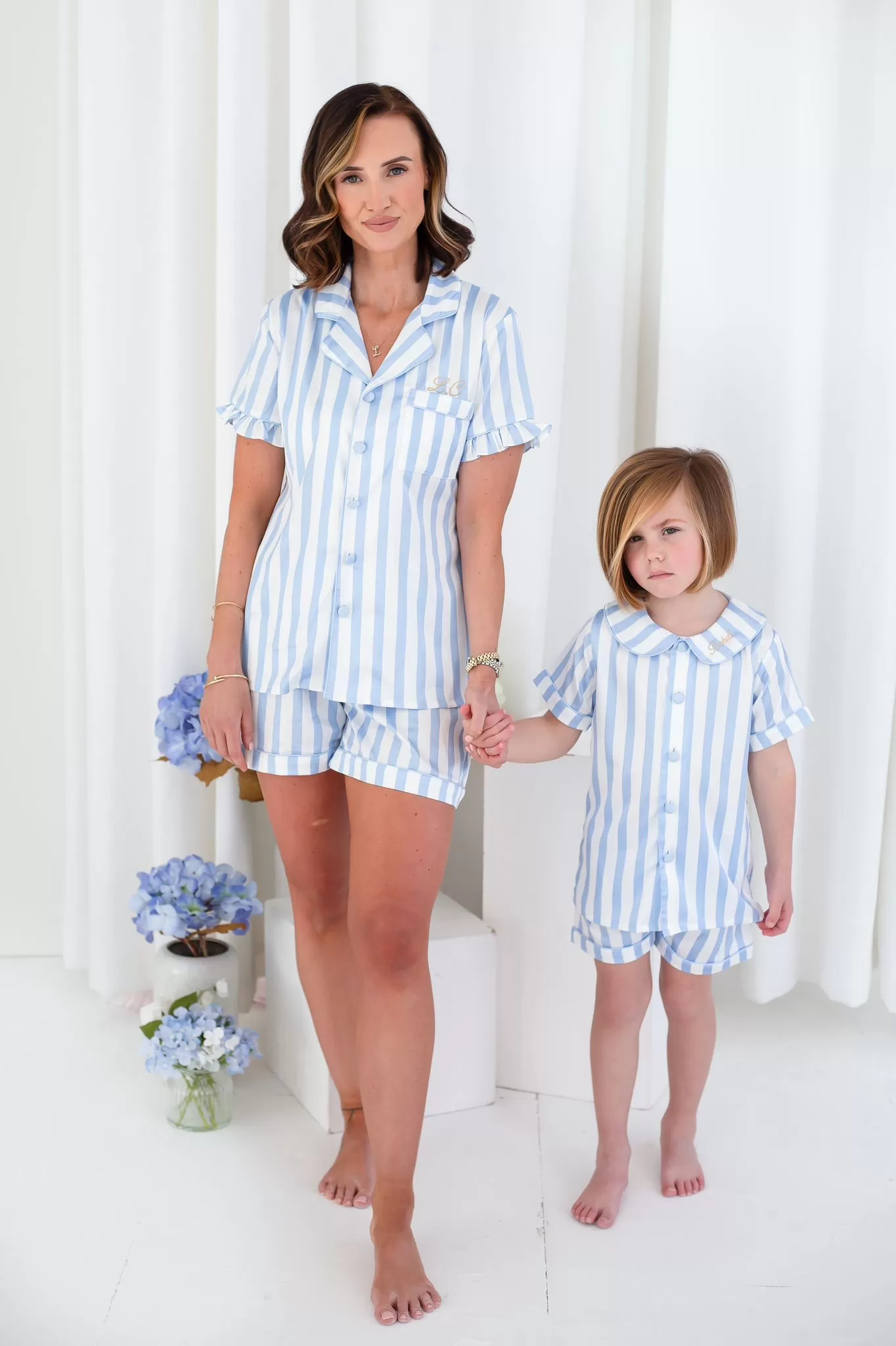 Ladies Blue Stripe Pearl Pyjamas