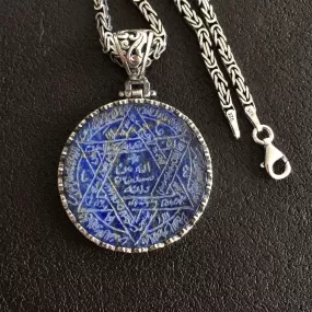 Lapis Lazuli Pendant Sterling Silver 925 Kings Chain Necklace Handengraved Seal of Solomon Talisman Amulet