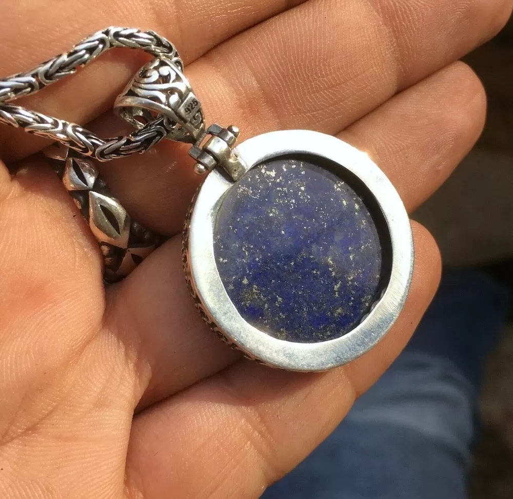 Lapis Lazuli Pendant Sterling Silver 925 Kings Chain Necklace Handengraved Seal of Solomon Talisman Amulet