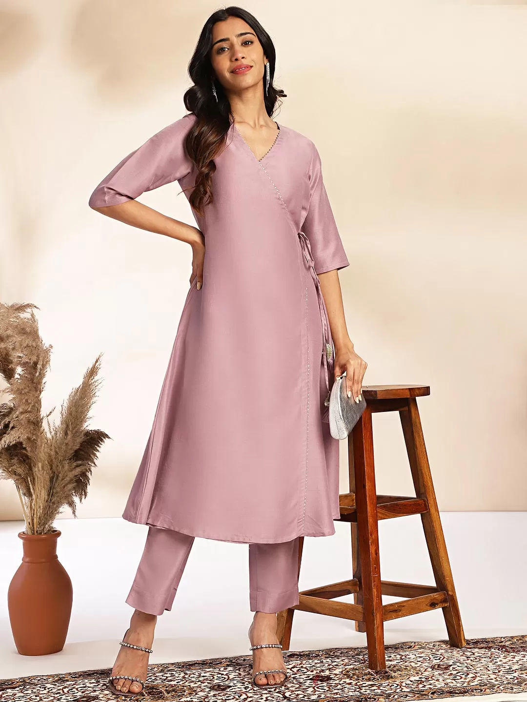 Lavender Chinnon Solid Angrakha Kurta Set