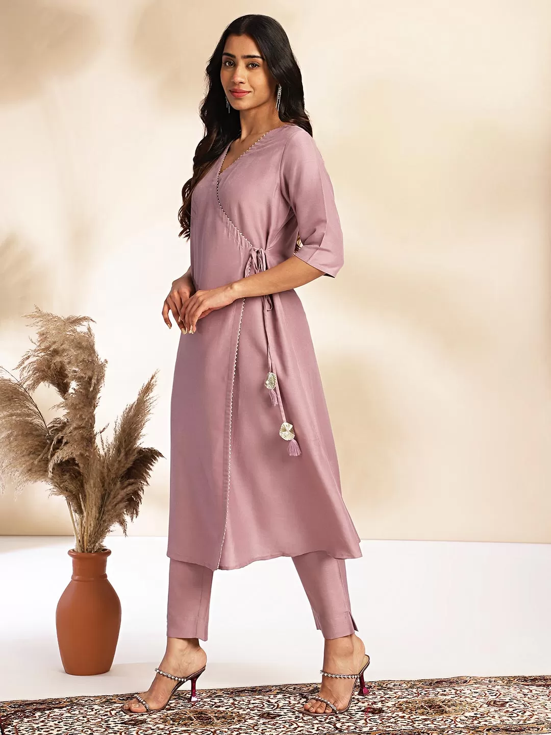 Lavender Chinnon Solid Angrakha Kurta Set